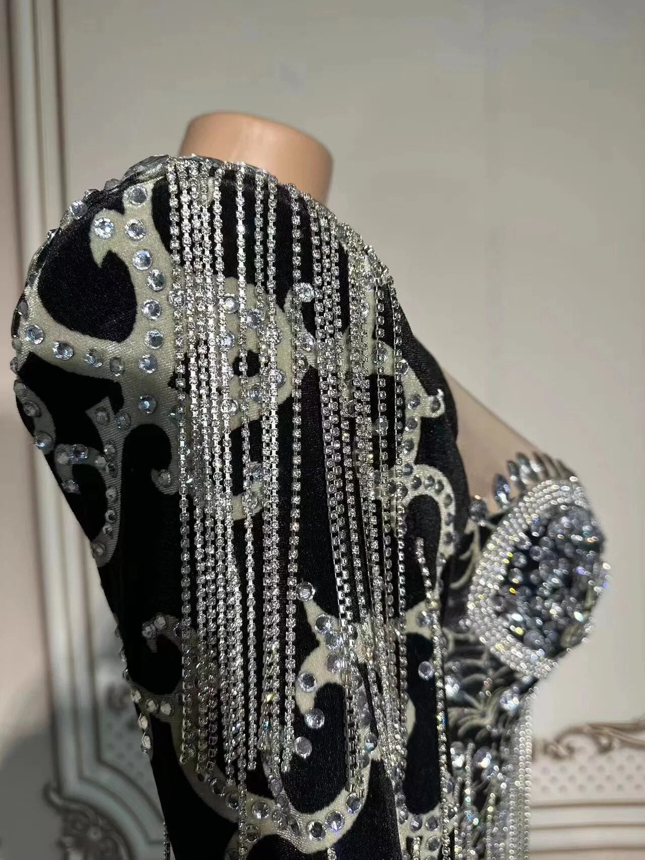 Club Sexy Stage Evening Birthday Celebrate Velvet Rhinestone Big Sleeves Skirt Costume Women Dancer Prom Stones Host Outfit