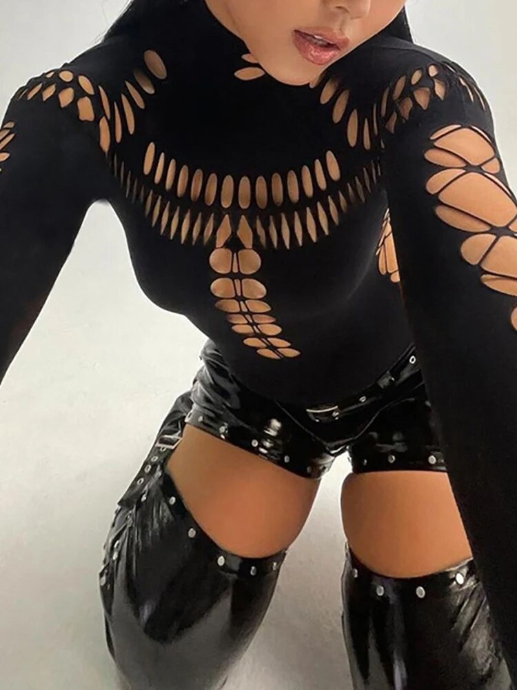Goth Dark Cyber Y2k Punk Sexy Hollow Out Bodysuits Gothic Techwear Black Turtleneck Bodycon T-shirts Moto Long Sleeve Streetwear