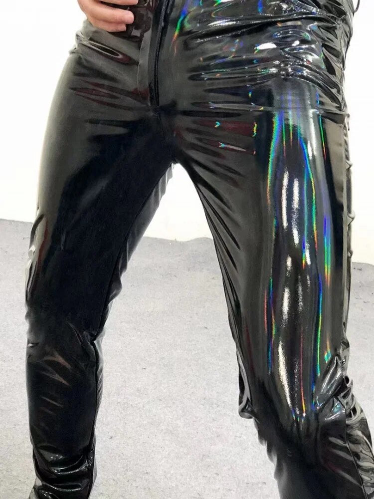 Plus Size 6XL Men Sexy Skinny Bright Faux Leather Pencil Pants Night Clubwear Long Trousers Stretchy Soft Patent