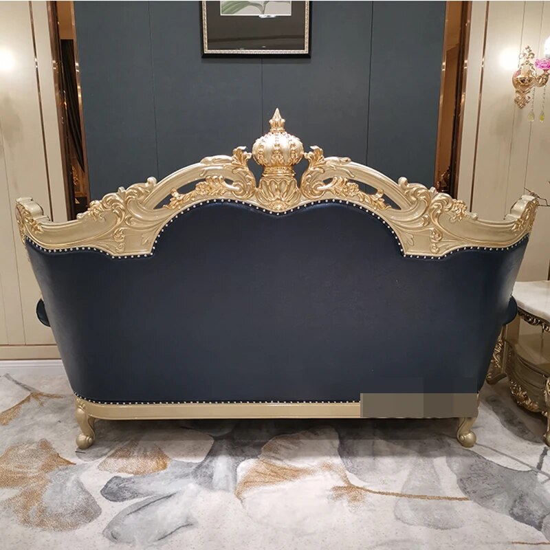 European-style Leather Sofa 123 Combination Luxury Champagne Furniture American All-carved Solid Wood Couches for Living Room