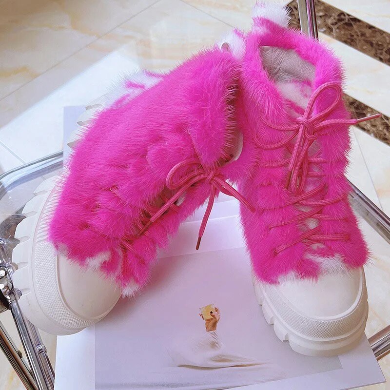 European Station Ladies Mink Hair Casual Shoes Luxury 100% Fur Sneakers Fashion Color Outdoor High Boots 2023 Autumn New