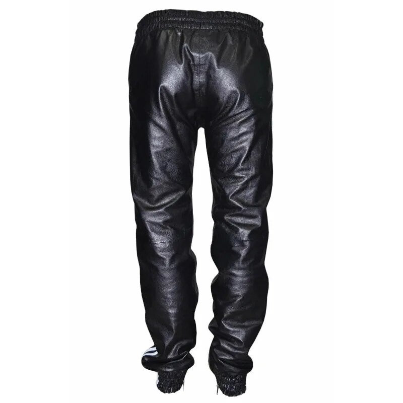 Men's Black Leather 100% Genuine Sheepskin Sports Pants European and American Fashion Trends