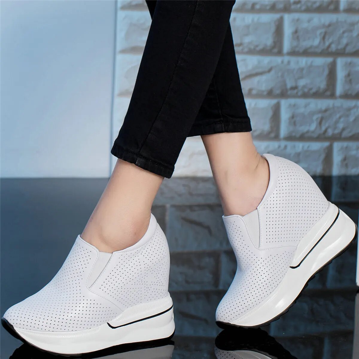 Breathable Vulcanized Shoes Women Genuine Leather Wedges High Heel Pumps Female Round Toe Platform Fashion Sneakers Casual Shoes