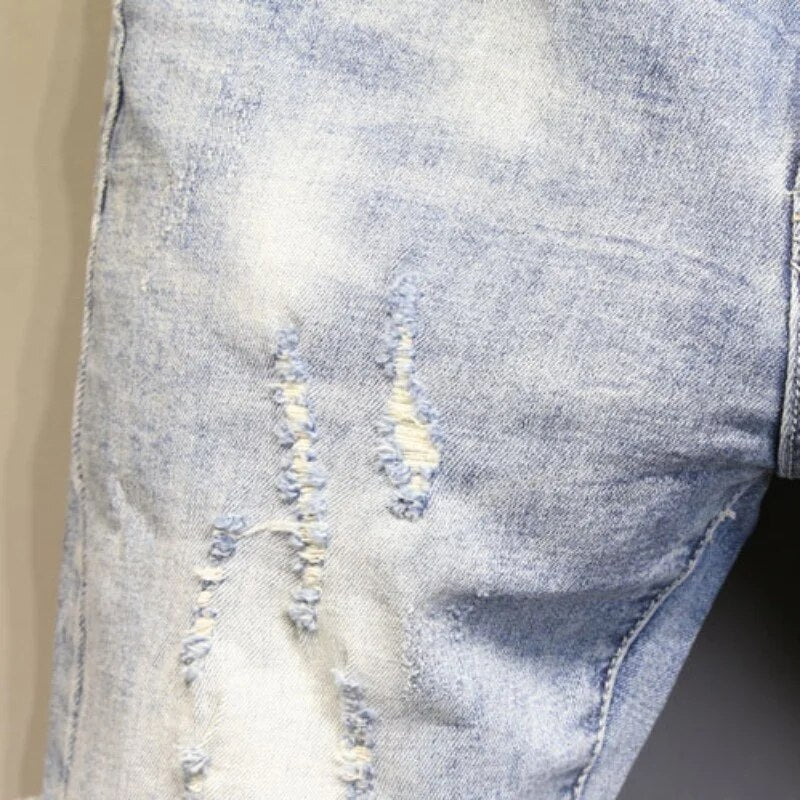 Summer Light BlueWashed Vintage Cargo Shorts Men Slim Fit Knee Length Straight Jeans High Street Casual Ripped Denim Male