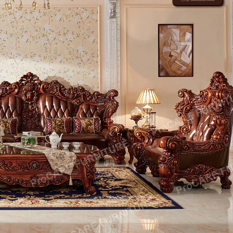 Domineering European handmade solid wood carved sofa luxury style genuine leather 1+2+4 sofa set