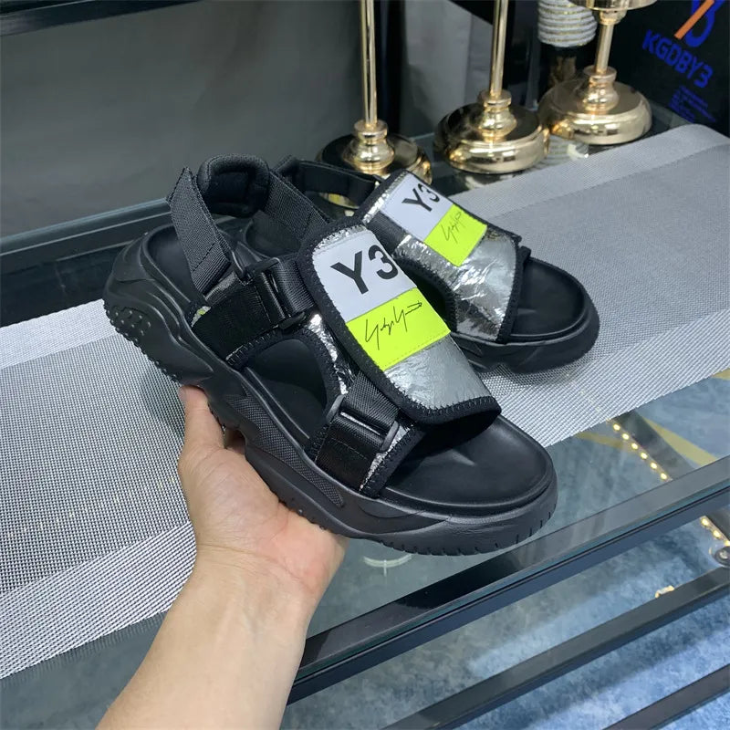 Y3 Summer Thick Soled Men's Shoes Genuine Leather Outdoor Sports Sandals Silver Black