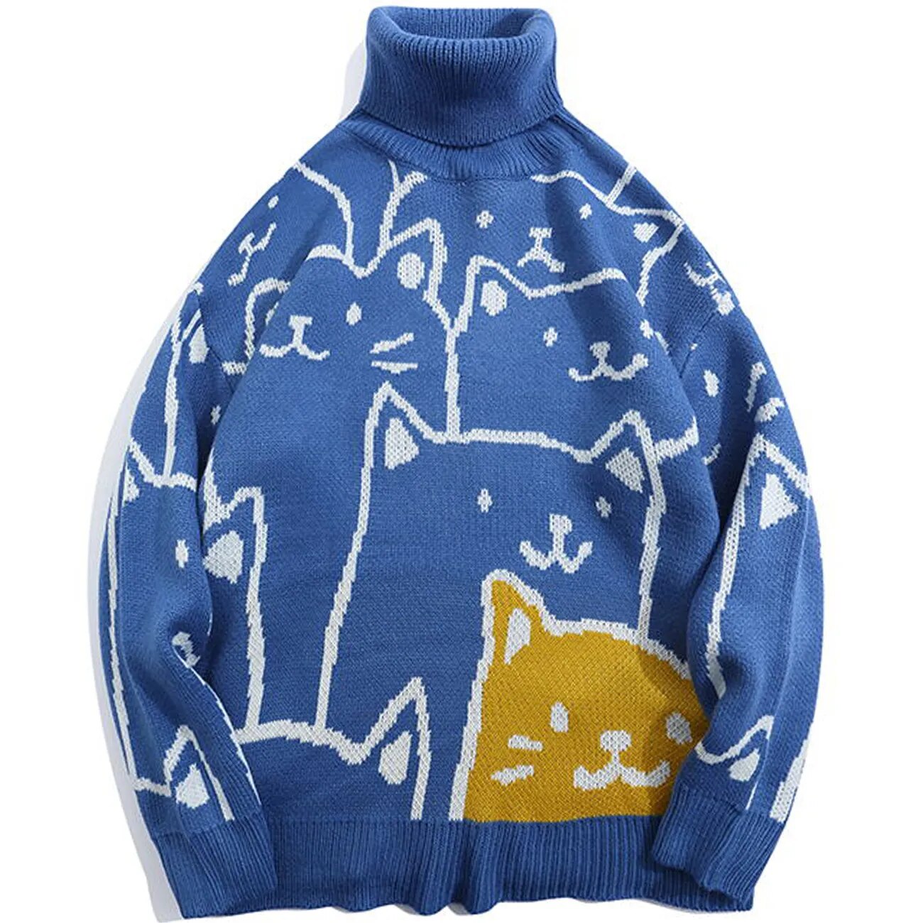LACIBLE Harajuku Cat Pattern Turtleneck Knit Sweater Loose Casual Turtleneck Knitted Sweater Pullover Men Knitwear Streetwear