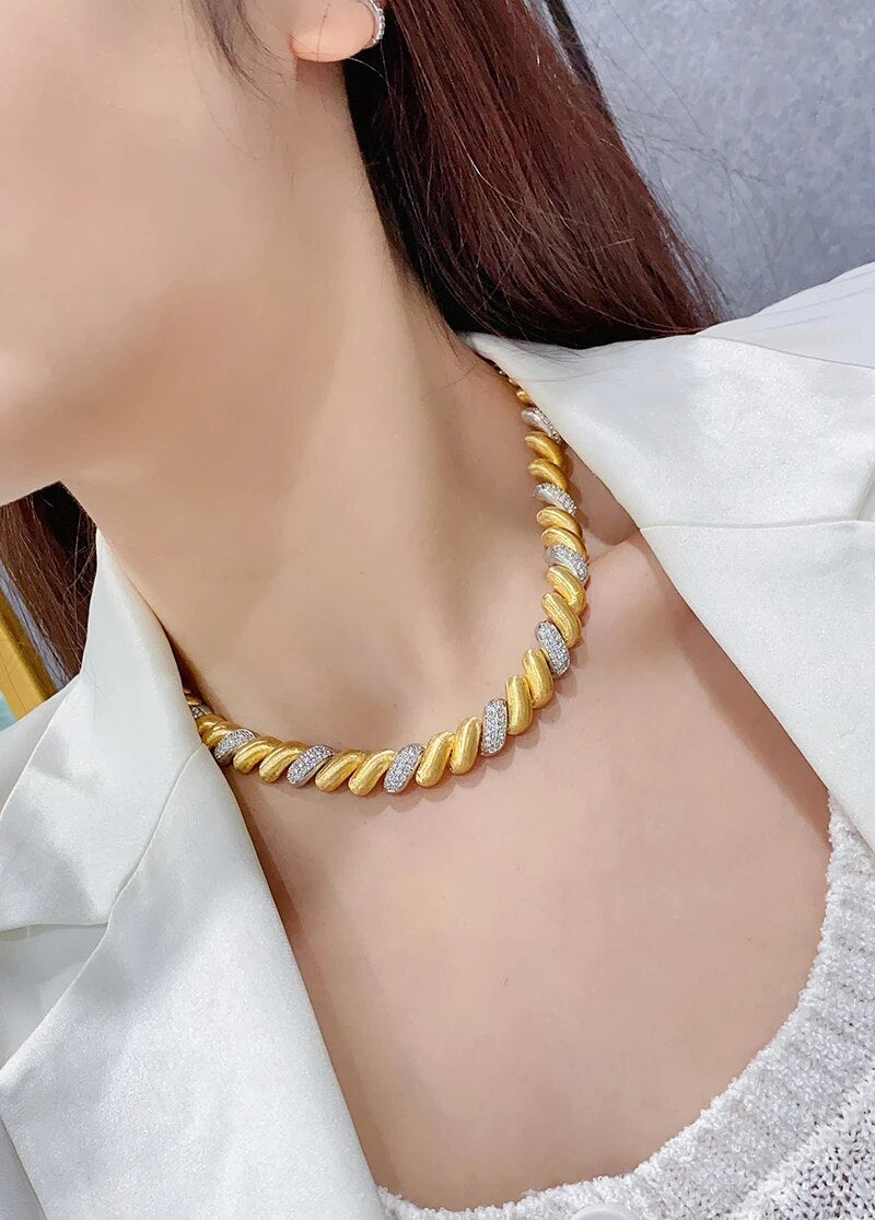 LUOWEND 18K White and Yellow Gold 63.9gram Necklace Luxury Cotton Candy Design Real Natural Diamond Chain for Women Party Fine