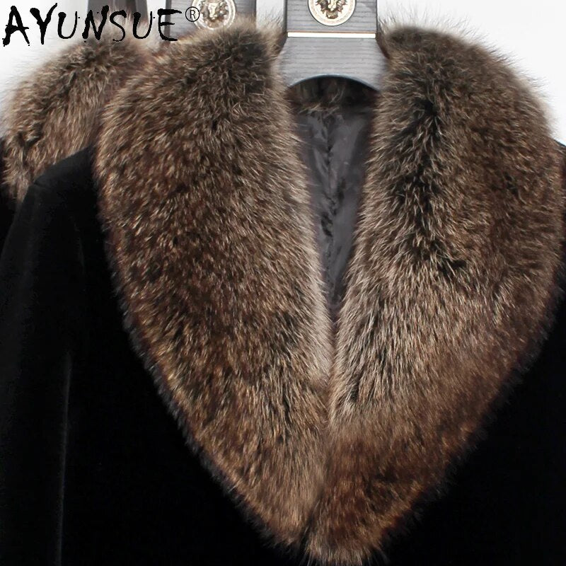 Men's Clothing winter Men Jacket Real Raccoon Fur Collar Coat Sheep Shearing Jackets Thick Clothes Ropa Hombre LXR451