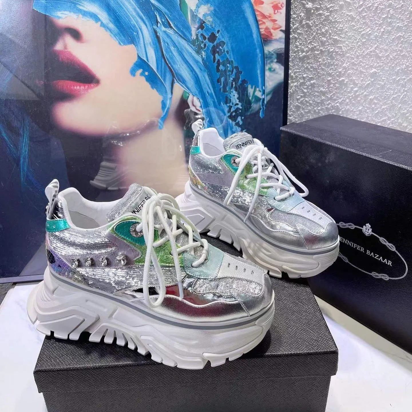 Spring Women's Casual Chunky Shoes Thick Heels Sneakers Female Silver Street Fashion Genuine Leather High Platform Lady Autumn