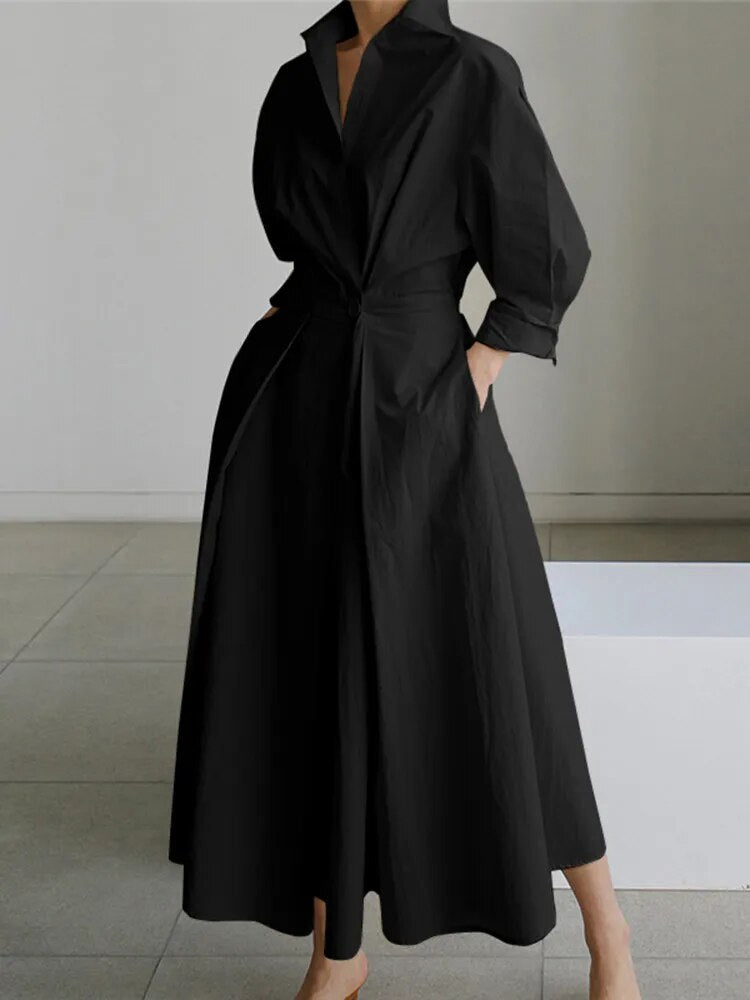 5XL Elegant Women Spring Autumn Sundress Fashion Lapel Neck Long Sleeve Solid  Long Shirt Dress OL Vestidos Robe Femme - KAISERINC