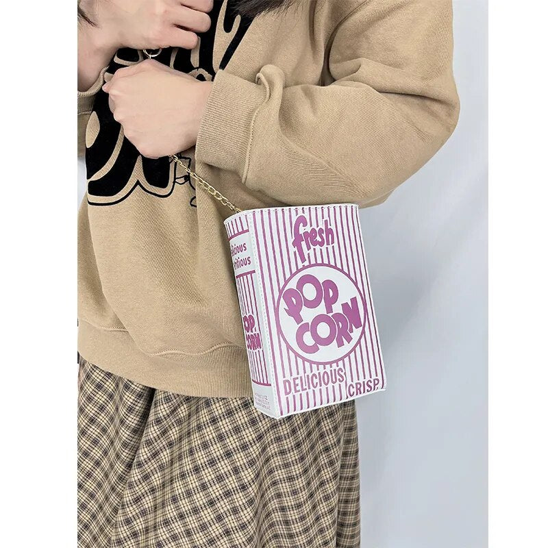 Popcorn Red Stripe Design Chain Shoulder Crossbody Bag for Women Fashion Girl's Purses and Handbags Novelty Clutch Bag Pu Leathe
