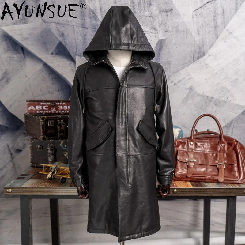 Genuine Sheepskin Leather Jacket Men Clothing Korean Hooded Men's Windbreaker Medium Long Clothes Hommes Veste LXR891