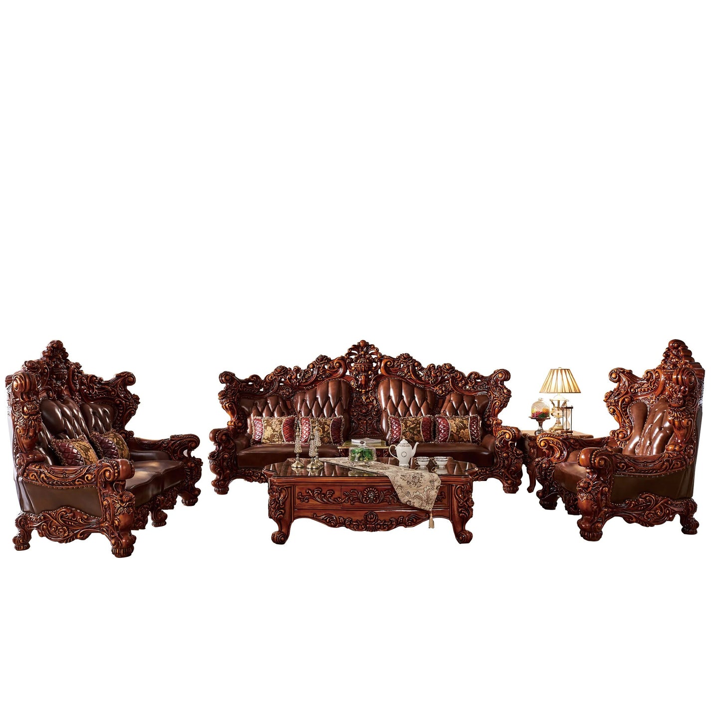 Domineering European handmade solid wood carved sofa luxury style genuine leather 1+2+4 sofa set