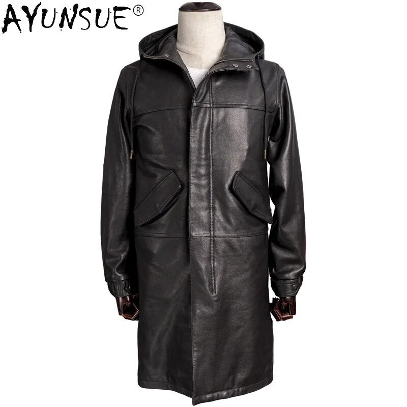 Genuine Sheepskin Leather Jacket Men Clothing Korean Hooded Men's Windbreaker Medium Long Clothes Hommes Veste LXR891