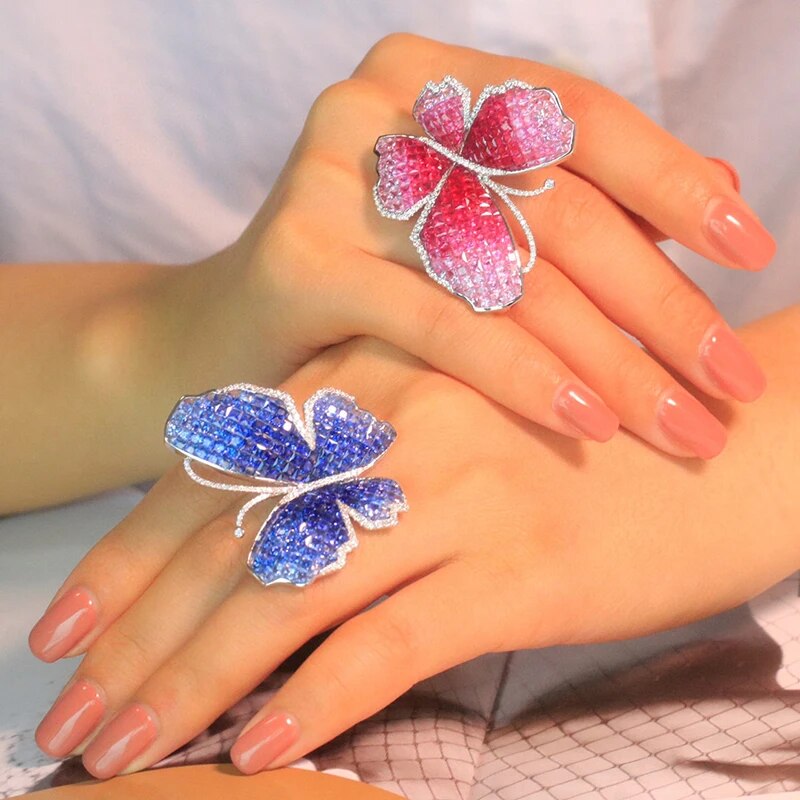 Aazuo 100% 18K Solid White Gold Natrual Ruby Real Diamonds Butterfly Ring Gifted For Woman Wedding Day Deluxe Banquet Party