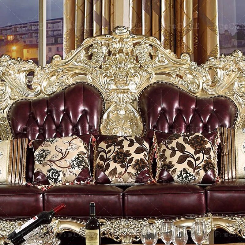 ProCARE European sofa American villa living room genuine leather solid wood carving living room sofa sets