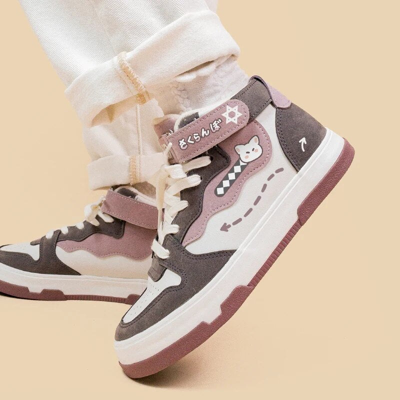 Amy and Michael Kawaii High Top Sneakers for Girls Students Casual Tennis Shoes Female Women Warm Plush Cotton Padded Shoes