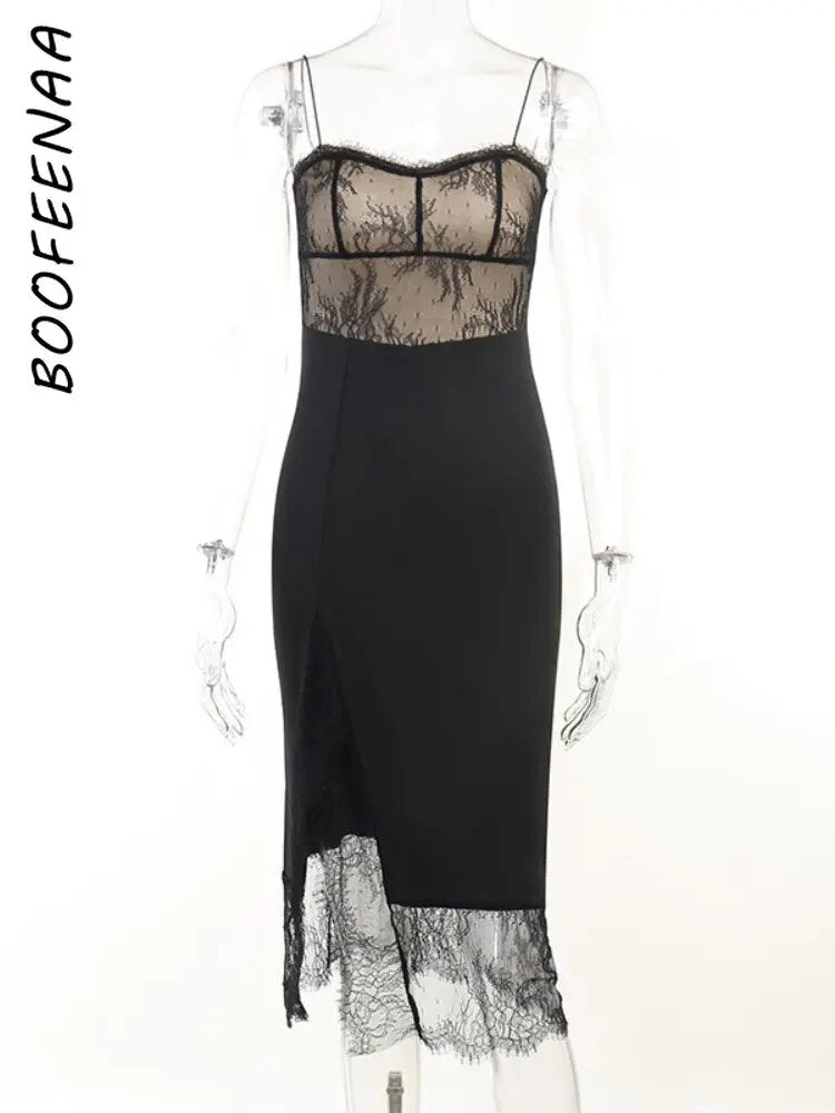BOOFEENAA Sexy Black Lace Dress Date Night Outfits for Women Spaghetti Strap Backless Split Midi Dress French Style C66-CC17