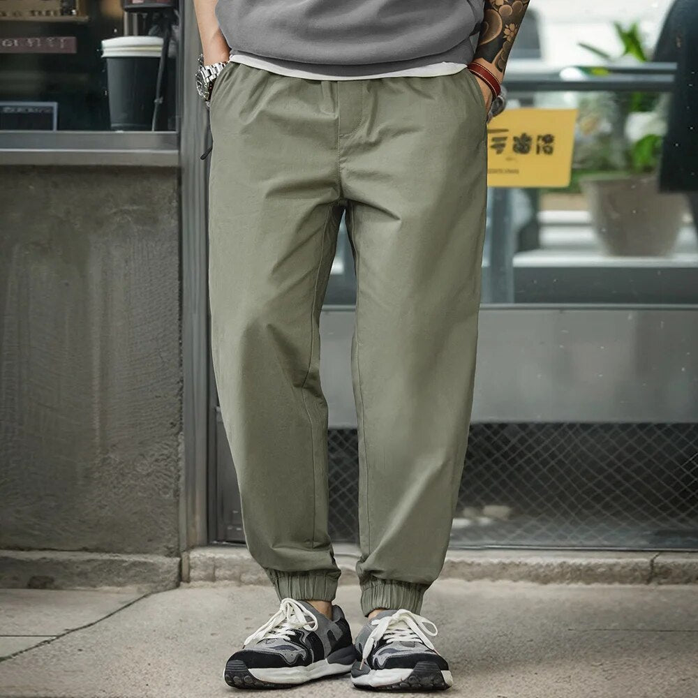 Maden Casual 100% Cotton Stretch Twill Tapered Pants Khaki Elastic Waist Joggers Cuffed Classic Outdoor Workout Trousers