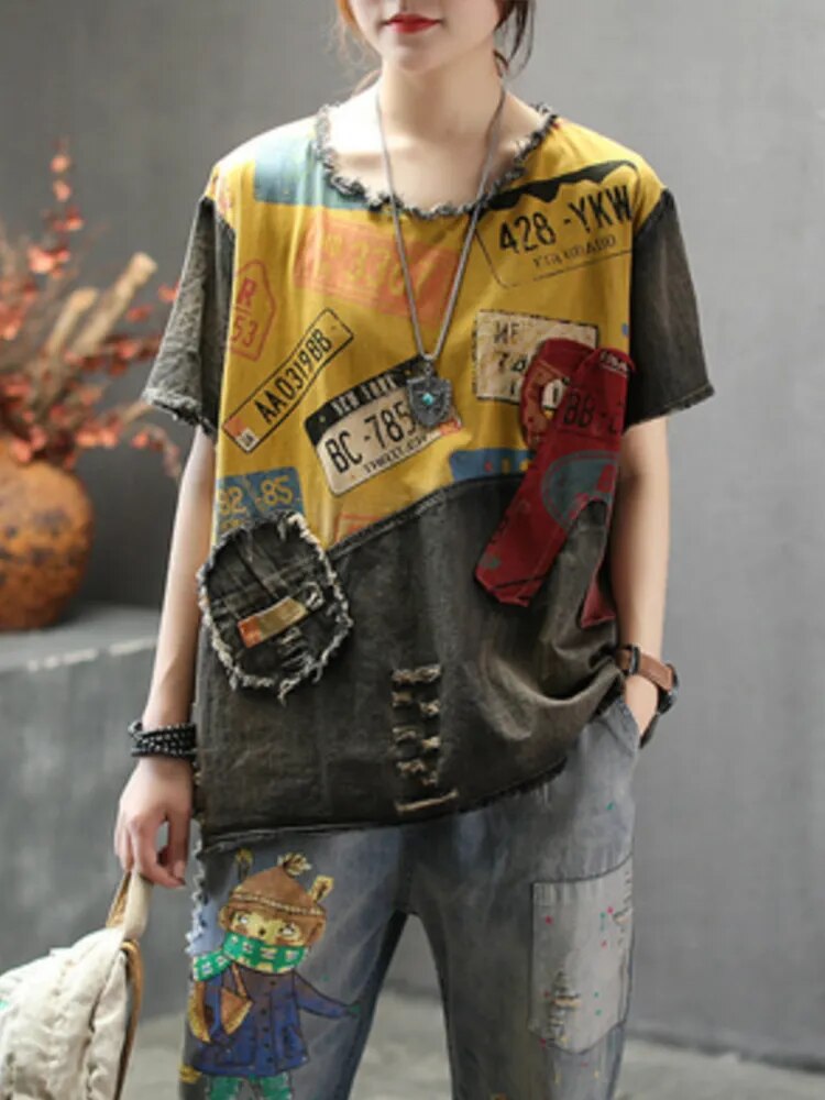 Max LuLu 2023 New Summer European Fashion Style Ladies Vintage Tee Shirts Women Denim Patchwork Ripped Tshirts Casual Streetwear