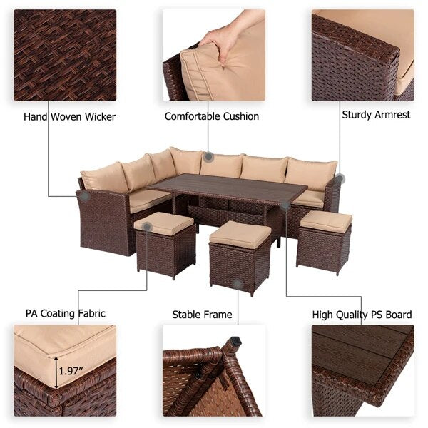 8 Piece Patio Furniture Set Outdoor Rattan Dining Table And Chair Brown Wood Grain Rattan Khaki Cushion Plastic Wood Surface