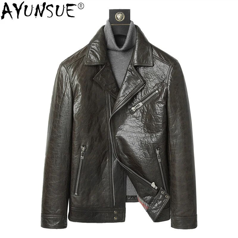 2024 New Men's Sheepskin Leather Jacket Men Clothing Motorcycle Jackets Short Autumn Coat Male Chaqueta Hombre :LXR958