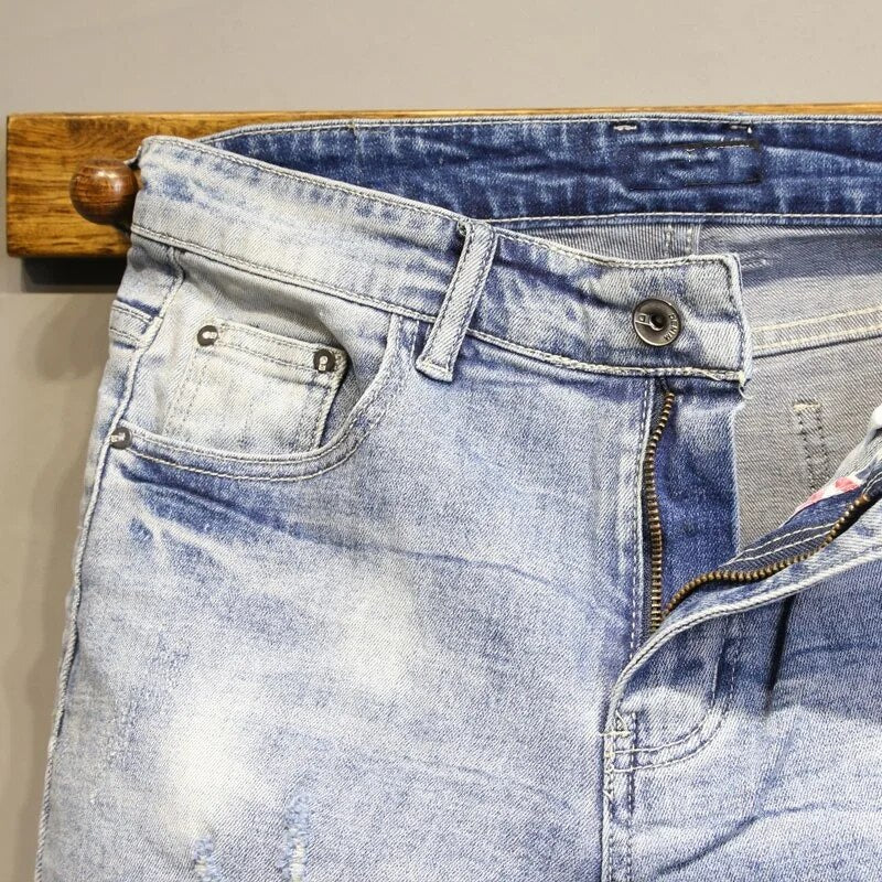 Summer Light BlueWashed Vintage Cargo Shorts Men Slim Fit Knee Length Straight Jeans High Street Casual Ripped Denim Male