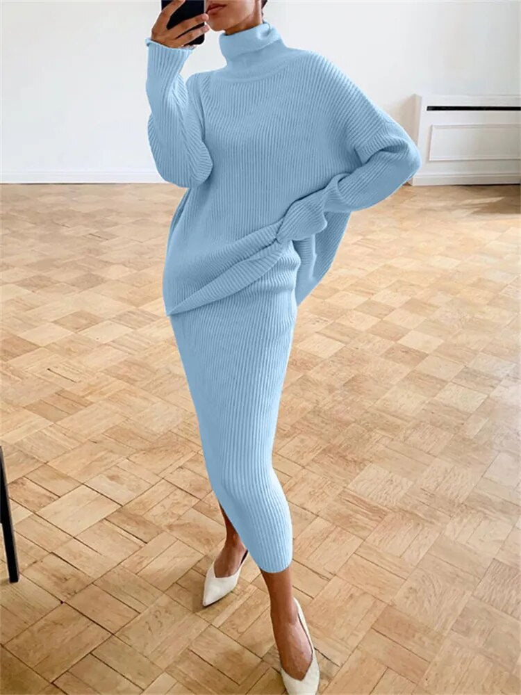 TARUXY Ribbed Knit 2 Piece Dress Set Outfits Ladies  Knitwear Top And Midi Skirt Sets For Women Casual Winter Sweater Sets 2023 - KAISERINC