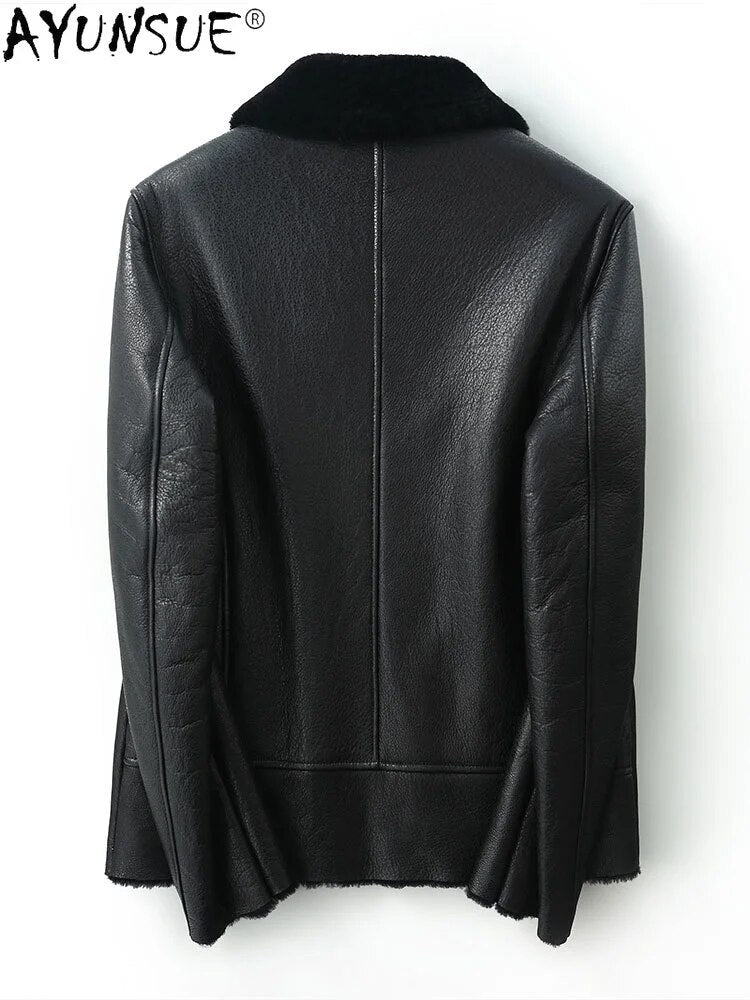 Genuine Sheepskin Leather Jacket Men 100% Wool Men's Clothing Motorcycle Fur Coat Thick Clothes Chaqueta Hombre LXR796