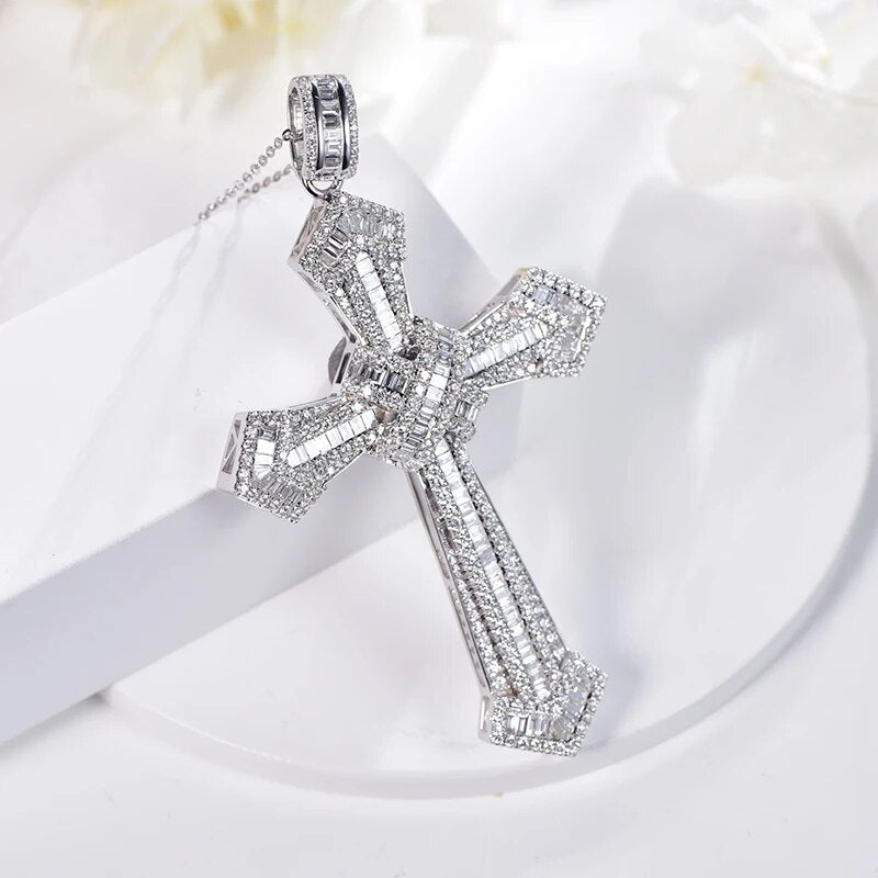 LOVERJEWELRY Cross Pendants Necklace Genuine Bling Diamonds 18K White Gold Hip-hop Charm Statement Luxury Jewelry