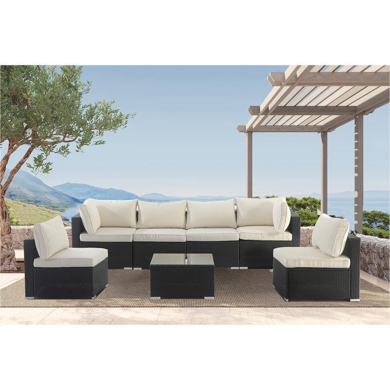 7 Pieces Patio Furniture Sets, Outdoor All Weather PE Rattan Wicker Lawn Conversation Sets,Garden Sofa Set with Coffee Table