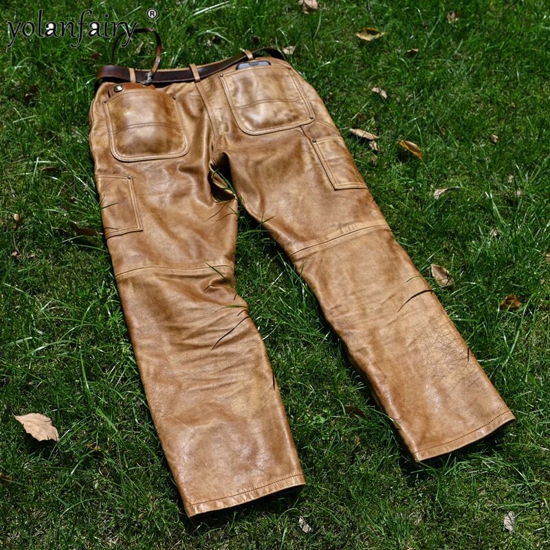 Cow Leather 100% Pants Men 2023 Genuine Leather Trousers for Men Japanese Retro Vintage Casual Men's Clothing Pantalones Hombre