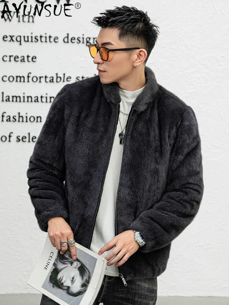 AYUNSUE Natural Mink Real Fur Coat Luxury Winter Jackets for Men 2023 Solid Color Mink Fur Jacket Baseball Collar Abrigo Hombre