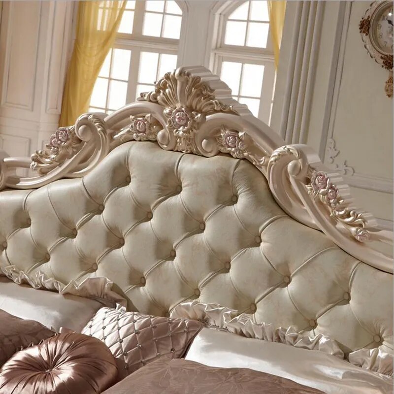 modern european solid wood bed 2 people Fashion Carved  leather  french bedroom furniture pfy10147