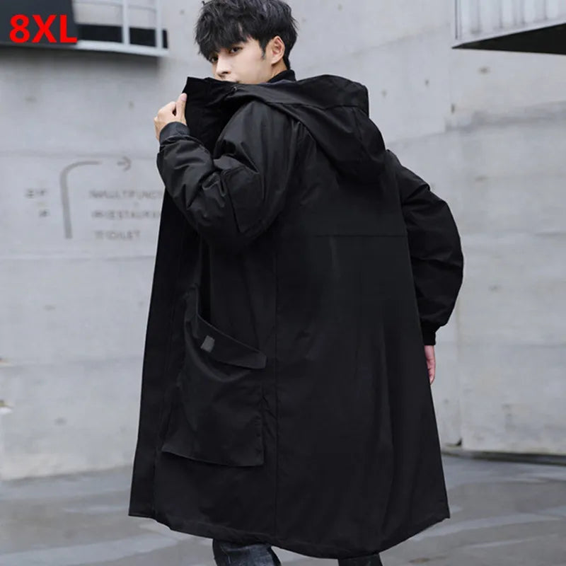 Men's windbreaker plus size spring and autumn plus size loose mid-length windbreaker trend hooded long jacket men  overcoats