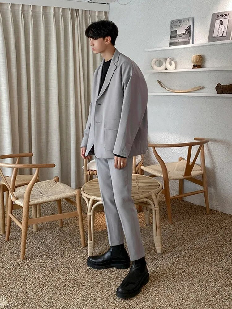 Men Casual Blazer Set Solid Color Single Breasted Loose Suit Jacket Pants Two Pieces Autumn New Formal Coat Male M-2XL