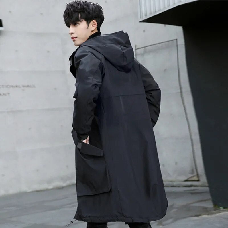 Men's windbreaker plus size spring and autumn plus size loose mid-length windbreaker trend hooded long jacket men  overcoats