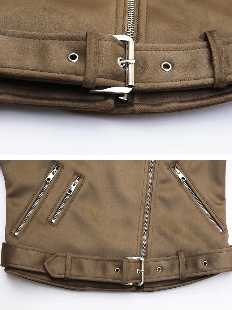 2023 Women Autumn Winter Thick Fake Suede Faux Leather Jackets Sashes Lady Matte Motorcycle Coats Biker Zipper Pocket Streetwear - KAISERINC