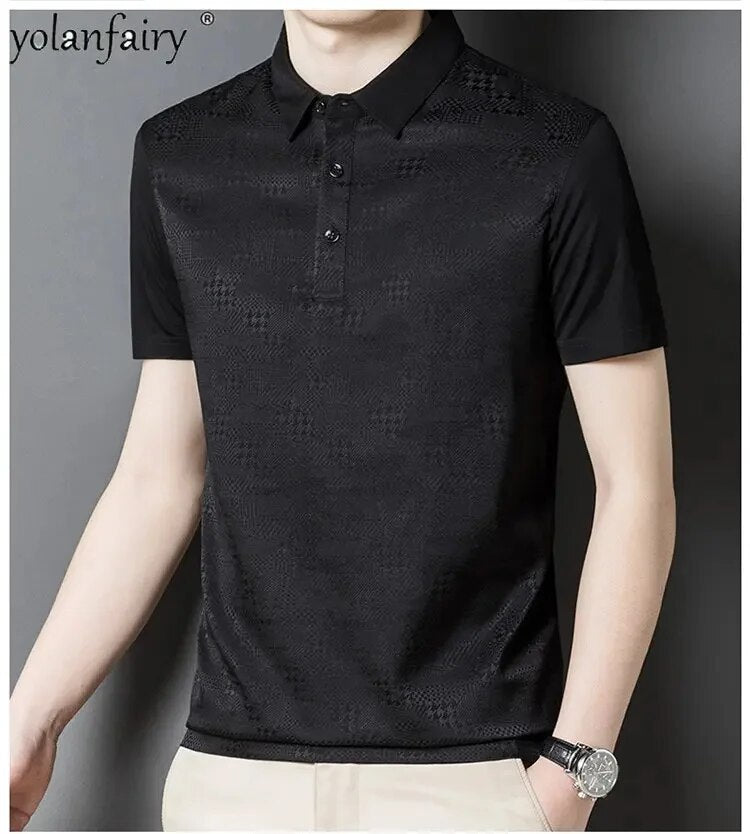 Summer 95% Mulberry Silk T Shirts for Men Tees Short Sleeved Polo Male Business Casual High-quality FCY3904