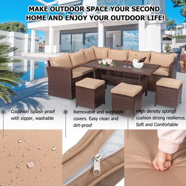 8 Piece Patio Furniture Set Outdoor Rattan Dining Table And Chair Brown Wood Grain Rattan Khaki Cushion Plastic Wood Surface