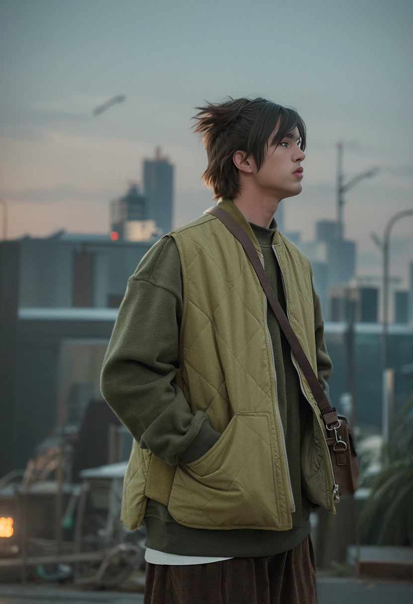 Diamond Plaid Baseball Collar Japanese Loose Cotton Coat Jacket Vest
