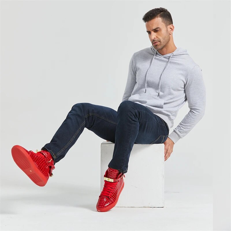 Phenkang Men Embossed Crocodile High Top Sneakers Lock Lace Red Flats Real Leather Designer Boots Men‘s Casual Shoes
