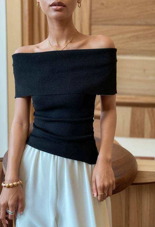 Pinkeen Black off-Shoulder Short-Sleeved Sweater Women's Summer 2023 New Design Sense Slim Fit Slimming Top