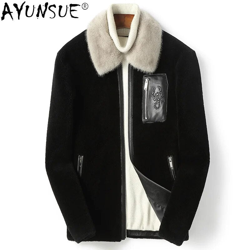 Men's Clothing Winter Jacket Men Fur Coat Real Sheep Shearing Jackets 100% Mink Collar Parkas Erkekler Ceket LXR559