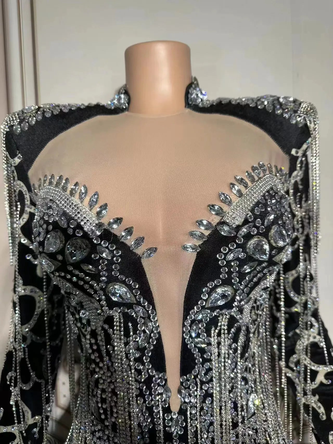Club Sexy Stage Evening Birthday Celebrate Velvet Rhinestone Big Sleeves Skirt Costume Women Dancer Prom Stones Host Outfit