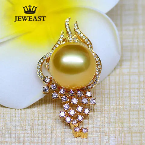 18k Pure Gold Natural Southsea Round Pearl Diamond Pendant Elegant Exquisite Jewelry Female For Party Trendy Gift For Mother