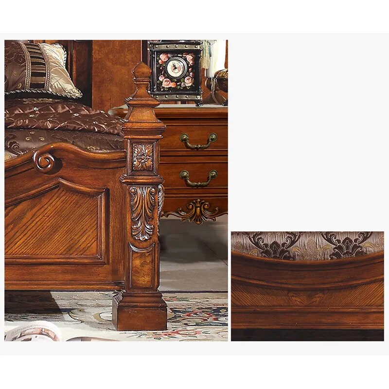American Leather Bed Master Bedroom Wedding Bed 1.8 Meters Retro Leather Bed European Solid Wood Double Bed Bedroom Furniture