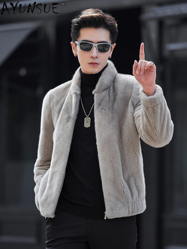 AYUNSUE Real Fur Coat Mink Jackets for Men Luxury Winter Natural Mink Fur Jacket Baseball Collar Fur Coats Jaqueta Masculino