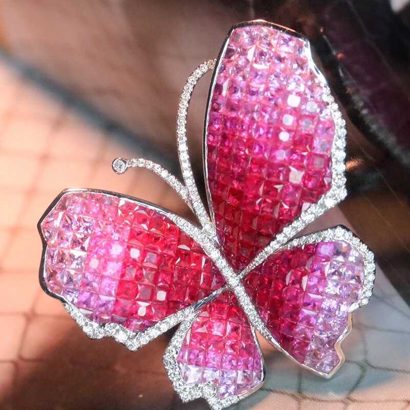 Aazuo 100% 18K Solid White Gold Natrual Ruby Real Diamonds Butterfly Ring Gifted For Woman Wedding Day Deluxe Banquet Party